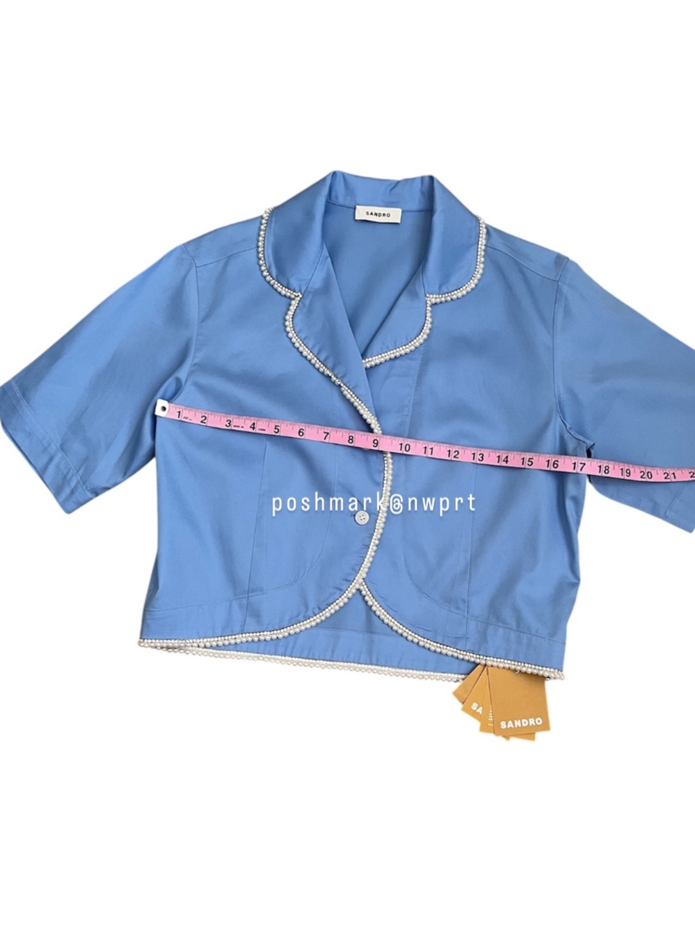 NWT 💯 SANDRO Paris Pearl Rhinestone Beaded Cotton Blouse Top Shirt Blue 34 0 XS - Picture 10 of 12